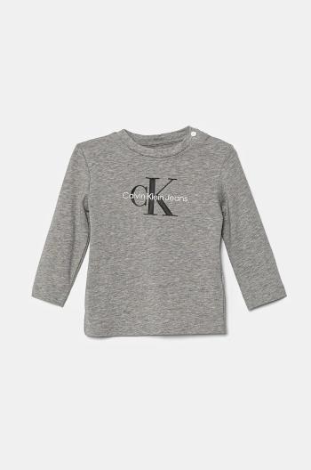 Detské tričko s dlhým rukávom Calvin Klein Jeans šedá farba, s potlačou, IN0IN00005