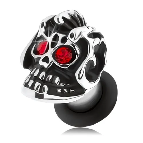 Oceľový plug do ucha, strieborný odtieň, lebka s helmou, patina, červené zirkóny - Hrúbka: 3 mm