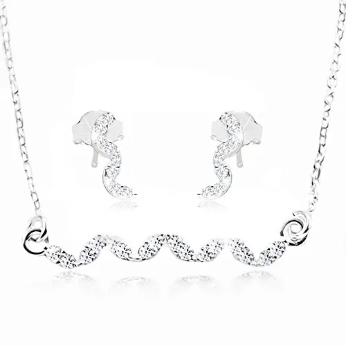 Strieborná sada 925, náušnice a náhrdelník - vlnka z čírych zirkónov