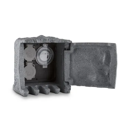 Waldbeck Timer Rock, záhradná zásuvka, 2-itý rozdeľovač, 5 m, spínacie hodiny, skala, tmavosivá