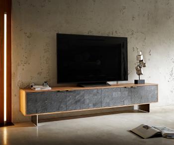 TV stolík Teele 220 cm prírodná agátová bridlica 4 dvierka podstavec