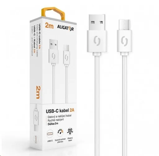 Aligator dátový a nabíjací kábel, konektor USB-C, 2A, 2m, biela