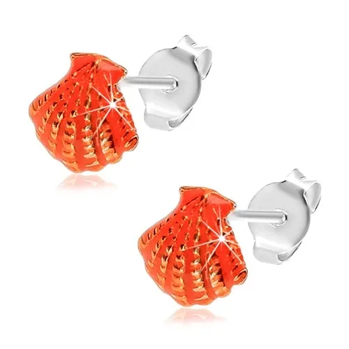 Náušnice zo striebra 925, oranžová glazúrovaná mušla so zárezmi