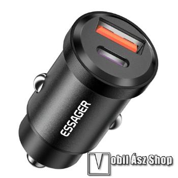 ESSAGER szivargyújtós töltő / autós töltő - 30W, 1x USB aljzat, 1x Type-C aljzat, QC 3.0, PD gyorstöltés támogatás, kábel NÉLKÜL! - FEKETE - GYÁRI