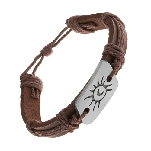 Tmavohnedý náramok zo syntetickej kože a šnúrok, oceľová známka, slnko a mesiac - Farba: Čierna