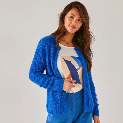 Krátky kardigan z úpletu s predĺženým vláknom