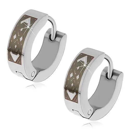 Oceľové náušnice, krúžky, čierny ornament z prekrížených línií