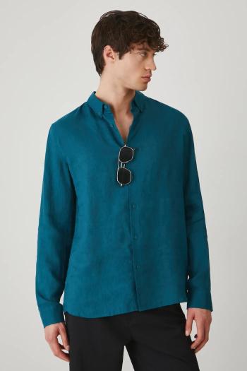 Ľanová košeľa Medicine pánska, zelená farba, regular, s golierom button-down