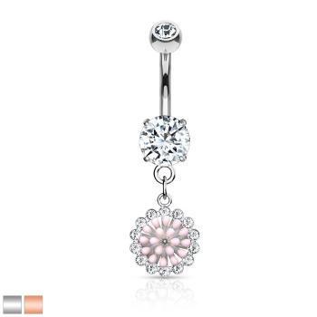 Piercing do pupku z 316L ocele, ródiovaný - veľký okrúhly zirkón, prívesok kvet - Farba: Medená