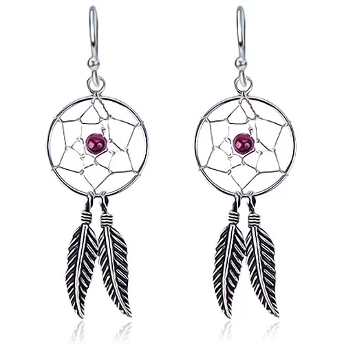 Visiace náušnice zo striebra 925 - okrúhly lapač snov, fialová korálka