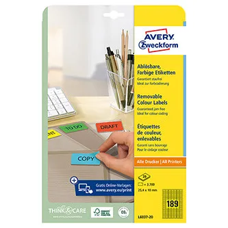 Avery Zweckform etikety 25.4mm x 10mm, A4, žlté, 189 etiket, mini, snímateľné, balené po 20 ks, L6037-20, pre laserové a inkoust