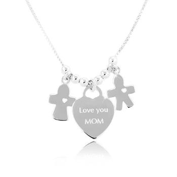 Strieborný náhrdelník 925, srdce s nápisom Love you MOM, chlapček a dievčatko