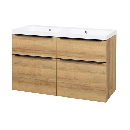 Mereo Mailo, kúpeľňová skrinka s umývadlom z liateho mramoru 121 cm, dub Riviera, čierne madlo CN523MB