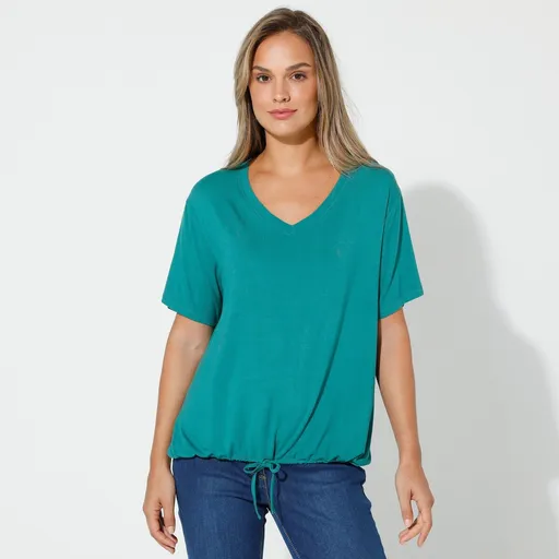 Jednofarebné tričko s výstrihom do V a šnúrkou na stiahnutie