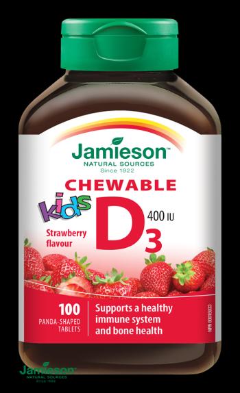 JAMIESON Vitamín D3 Kids 400IU tablety na cmúľanie s príchuťou jahody pre deti 100 tabliet