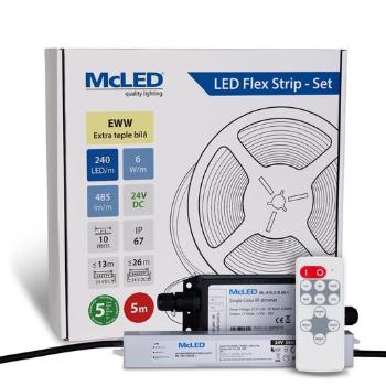 McLED  LED páska - sada 5 m + Prijímač Nano IP67, 240 LED/m, EWW, 6 W/m, DC 24V, 485 lm/m, CRI90, IP67, 10 mm, vodič 3 m ML-126.035.90.S05002