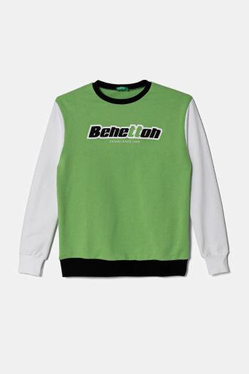 Detská bavlnená mikina United Colors of Benetton zelená farba, s kapucňou, s potlačou, 3J68C10N2