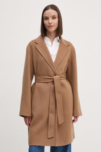 Vlnený kabát Tommy Hilfiger hnedá farba, prechodný, oversize, WW0WW43603