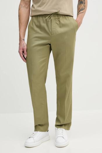 Nohavice s prímesou ľanu Calvin Klein pánske, zelená farba, rovné, K10K114403