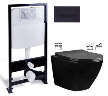 PRIM predstenový inštalačný systém s čiernym tlačidlom 20/0044 + WC REA CARLO MINI RIMFLESS ČERNÁ  + SEDADLO PRIM_20/0026 44 CL1