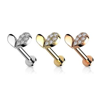 Labret do pery a brady z ocele - slzy tvoriace srdce, zirkóny, vnútorný závit, 8 mm - Farba: Zlatá