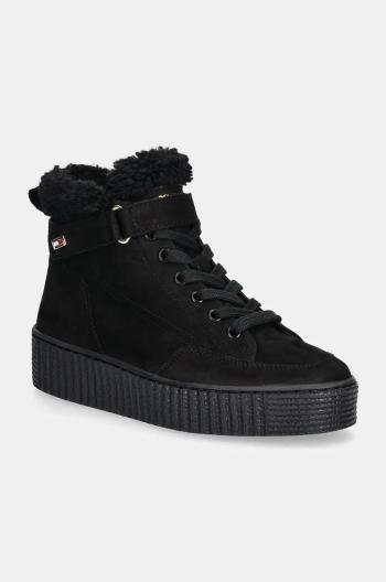 Semišové topánky Tommy Hilfiger FAUX FUR NUBUCK LOW LACE-UP čierna farba, na plochom podpätku, zateplené, FW0FW08172