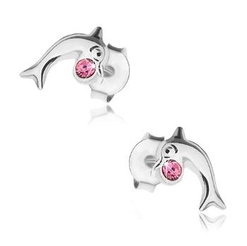 Strieborné 925 náušnice, lesklý skáčuci delfín s ružovým krištálikom Swarovski