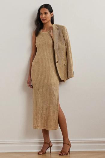 Ľanové šaty Lauren Ralph Lauren béžová farba, midi, priliehavé, 200963647