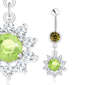 Oceľový piercing do bruška, strieborná farba, kvet - zelený zirkón, číre lupene