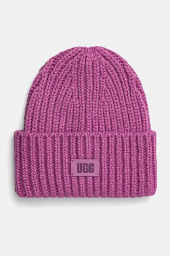 Čiapka s prímesou vlny UGG CHUNKY RIB BEANIE ružová farba biela, z hrubej pleteniny, 21687