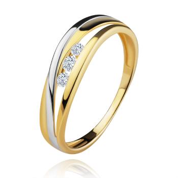 Briliantový prsteň zo 14K zlata, zvlnené dvojfarebné línie ramien, tri číre diamanty - Veľkosť: 58 mm
