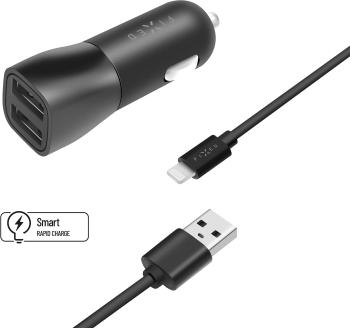 Autós töltő FIXED 2xUSB kimenettel és USB/Lightning kábellel. 1 méter, MFI tanúsítvánnyal, 15W Smart Rapid Charge fekete