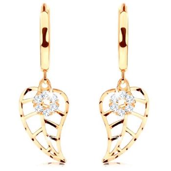 Zlaté okrúhle 14K náušnice - vyrezávaný list a kruh vykladaný diamantmi