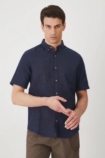 Ľanová košeľa Medicine tmavomodrá farba, regular, s golierom button-down