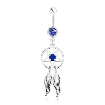 Oceľový piercing do brucha, lapač snov - pentagram, pierka, tmavomodré zirkóny