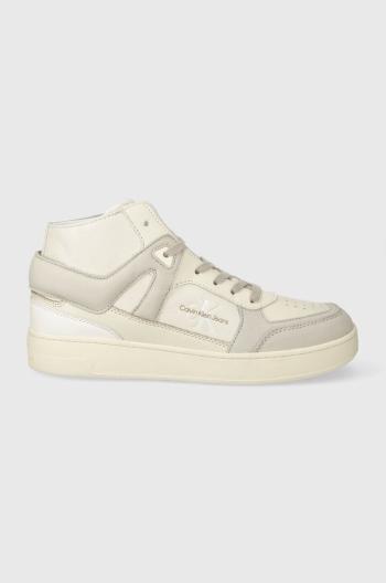Kožené tenisky Calvin Klein Jeans BASKET CUPSOLE MID LTH ML FAD béžová farba, YM0YM00883