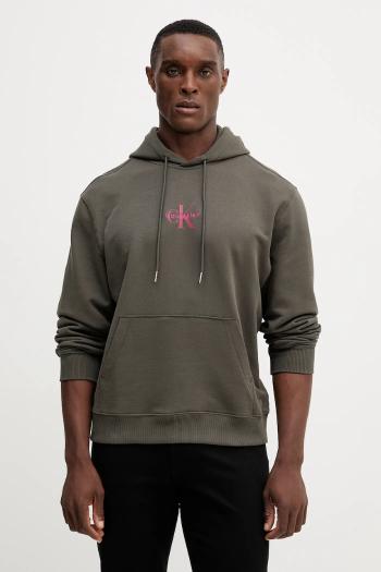 Bavlnená mikina Calvin Klein Jeans šedá farba, s kapucňou, s potlačou, LV04RD243G