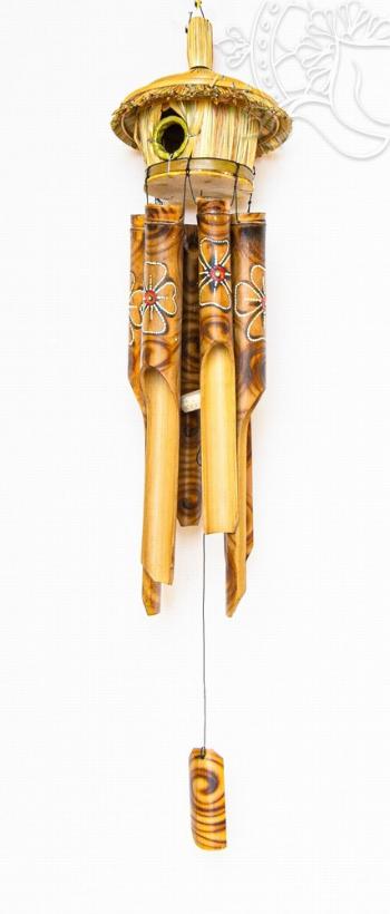 Szalmatetős ház bambusz szélcsengő - 135 cm