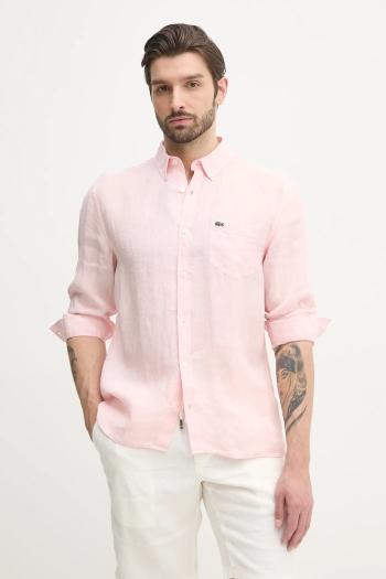 Ľanová košeľa Lacoste ružová farba, regular, s golierom button-down