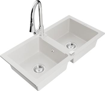 MEXEN/S MEXEN/S - Mario granitový drez 2-bowl vrátane batérie Elia, biela 6504-20-670101-00