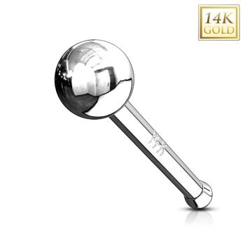 Rovný zlatý 14K piercing do nosa - lesklá hladká gulička, biele zlato - Hrúbka piercingu: 0,8 mm