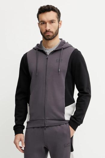 Mikina EA7 Emporio Armani pánska, šedá farba, s kapucňou, vzorovaná, AF12660.7M000279