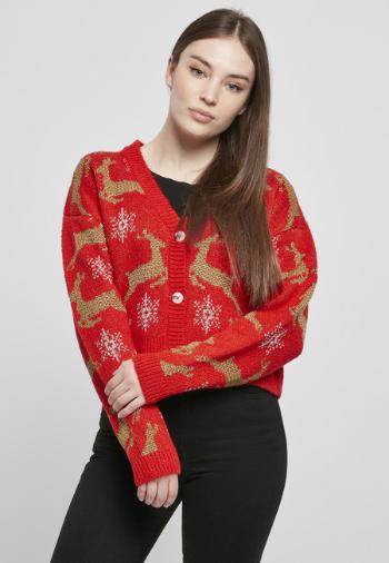 Urban Classics Ladies Short Oversized Christmas Cardigan red/gold - XS