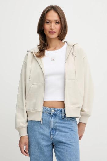 Mikina Calvin Klein Jeans béžová farba, s kapucňou, s potlačou, LV047B270G