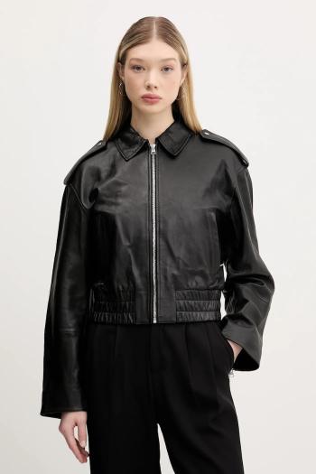 Kožená bunda HUGO čierna farba, prechodná, oversize, 50536938