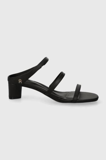 Kožené šľapky Tommy Hilfiger TH STRAP LEATHER MID HEEL dámske, čierna farba, na podpätku, FW0FW07731