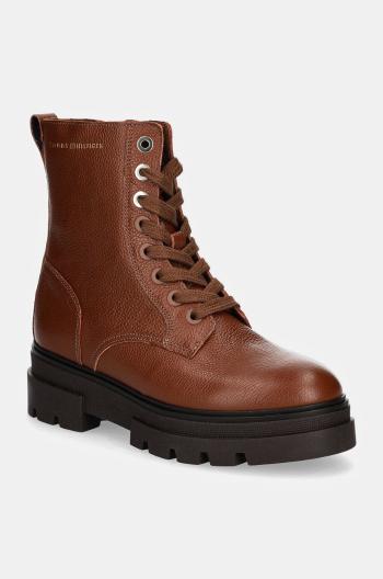 Kožené členkové topánky Tommy Hilfiger BICOLOR LEATHER LACE-UP dámske, hnedá farba, na plochom podpätku, FW0FW08160