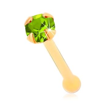 Piercing do nosa zo žltého 14K zlata - svetlozelený ligotavý zirkónik, 1,5 mm