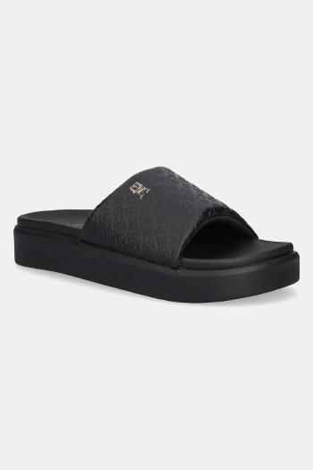Šľapky Tommy Hilfiger PLATFORM MONOGRAM POOLSLIDE dámske, čierna farba, na platforme, FW0FW08526