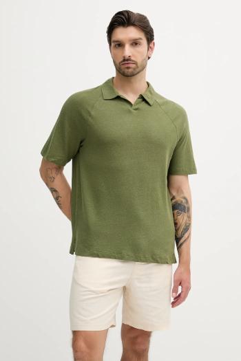 Ľanové polo United Colors of Benetton zelená farba, jednofarebné, 3UTFU302A